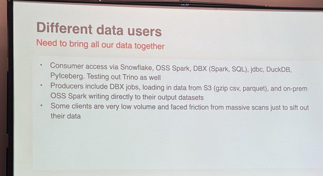 A Magnite slide titled "Different data users": consumers read one copy of the data via Snowflake, open-source Spark, Databricks, jdbc, DuckDB and PyIceberg, with Trino in testing