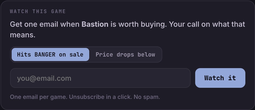 The SteamBangers watch widget: get one email when a game hits banger value on a sale, or when its price drops below a target you set