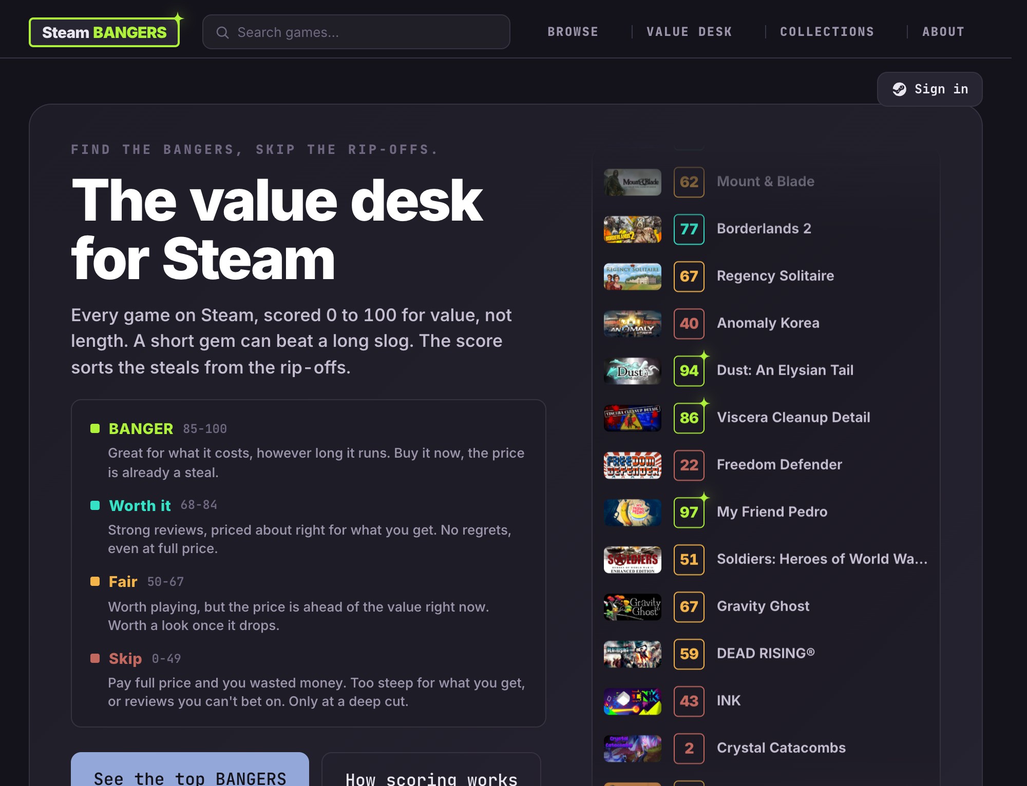 The SteamBangers board: every game on Steam scored 0 to 100 for value, with the tier legend and a live leaderboard of scores