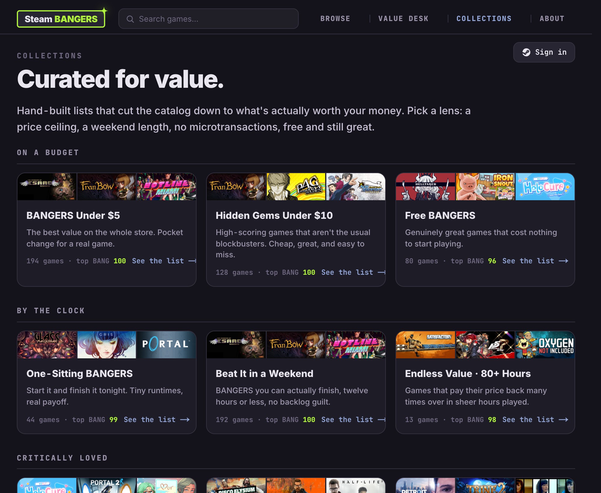 SteamBangers collections: hand-built lists curated for value, like bangers under $5, hidden gems under $10, and games you can beat in a weekend