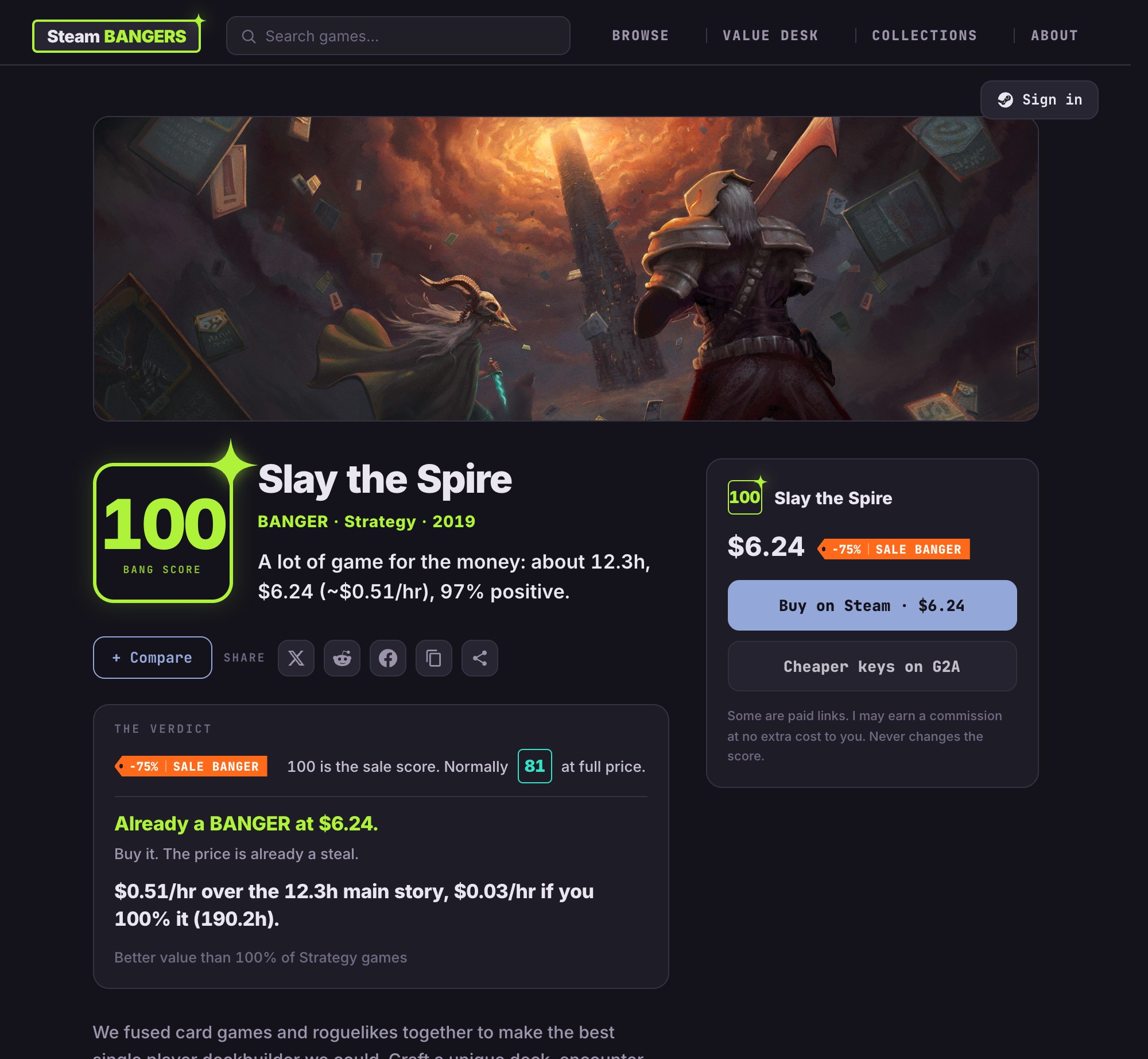 A SteamBangers game page for Slay the Spire, scored 100: the Bang Score, the verdict, and every input behind it, with an honest buy box that says the score never changes for a payout